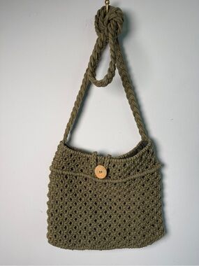 World Market Crochet Rope Shoulder Bag Olive Green Wood Button